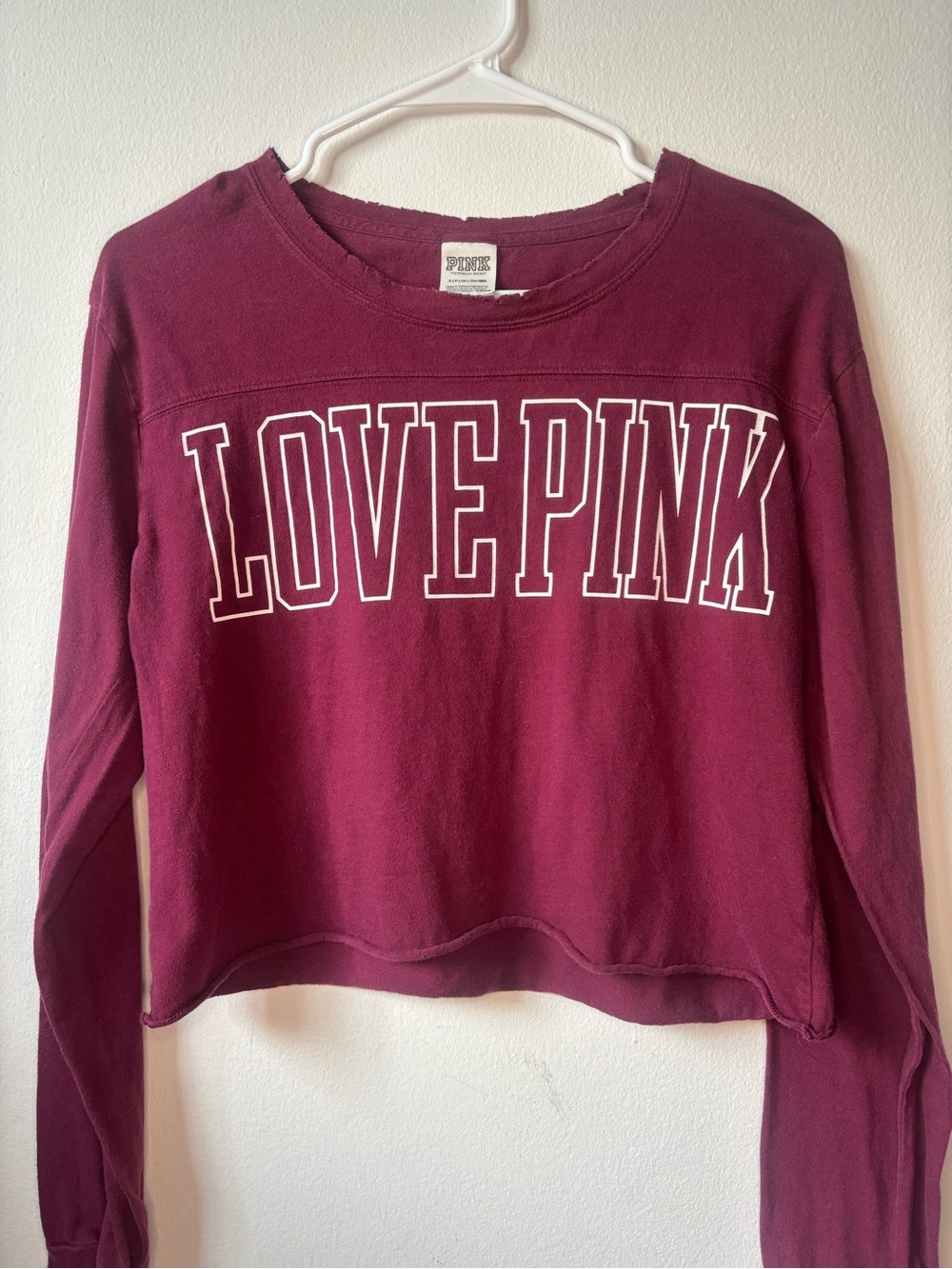 PINK Victoria's Secret Maroon "LOVE PINK" Cropped Long-Sleeve Top